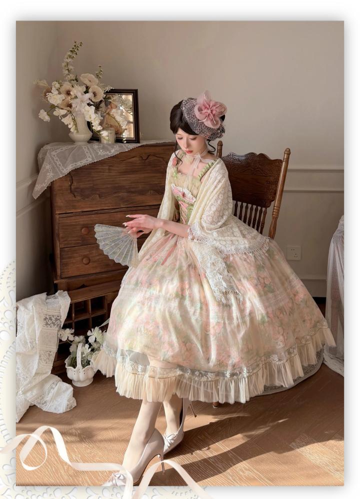 【Chiki】【حديقة الورد / Rose Garden】 فستان JSK طويل بطبعة رسم زيتية أنيقة بأسلوب Classic Lolita (Cla) ومشد كورسيه لنحت الخصر.