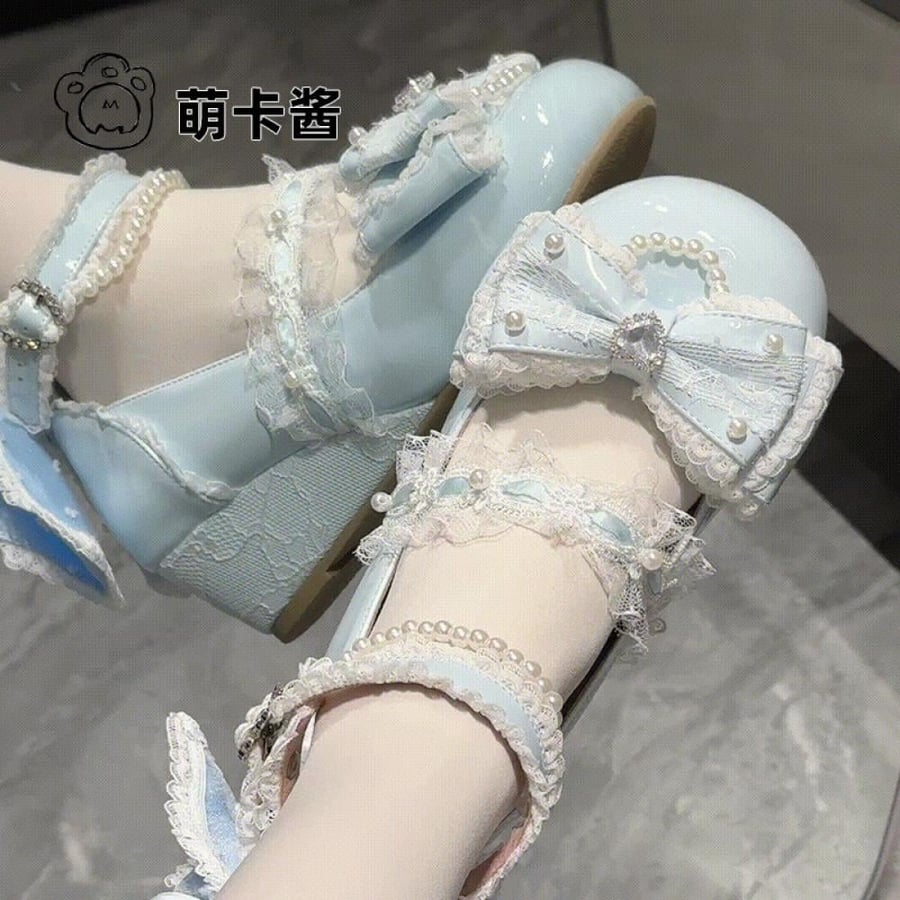 【MoeKa】(عدة الوان) حذاء  بأسلوب JK و Mary Jane بكعب ويدج (Wedge) متوسط، حذاء جلدي أسلوب Lolita.