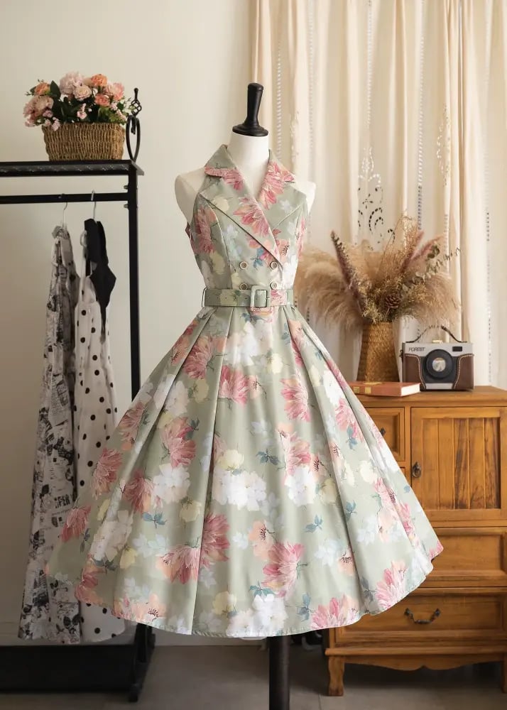 【Forest Wardrobe】فستان صيفي واسع بتصميم فرنسي ريترو بأسلوب هيبورن وياقة بدلة "ظهيرة في الغابة" من براند خزانة الغابة