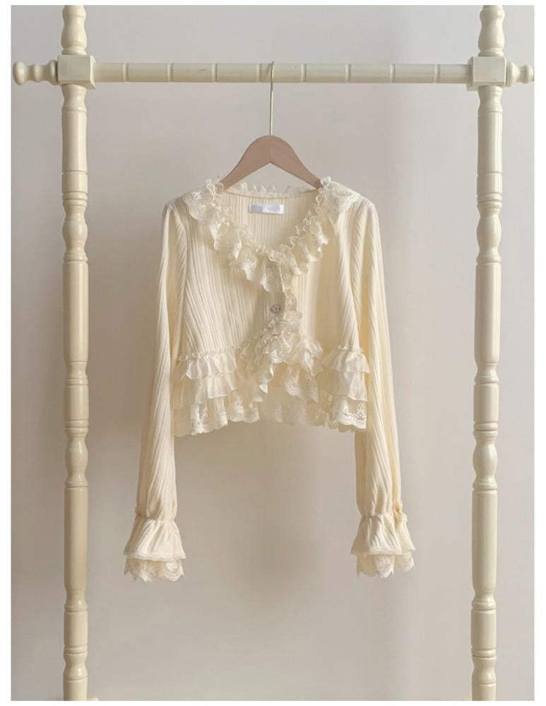 【With Puji】سترة كارديجان (Cardigan) صوفية خفيفة مزينة بدانتيل متوفرة بلونين، للتنسيق مع أزياء اللوليتا للخريف.