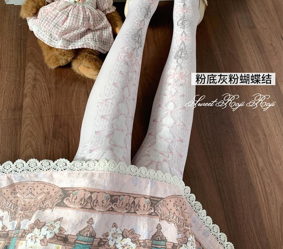 【Roji Roji】 جوارب لوليتا "قلب القفل" (Heart Lock) النسائية للخريف والشتاء، جوارب مطبوعة بتقنية رقمية (Digital Print Tights) بأسلوب لوليتا الياباني اللطيف.