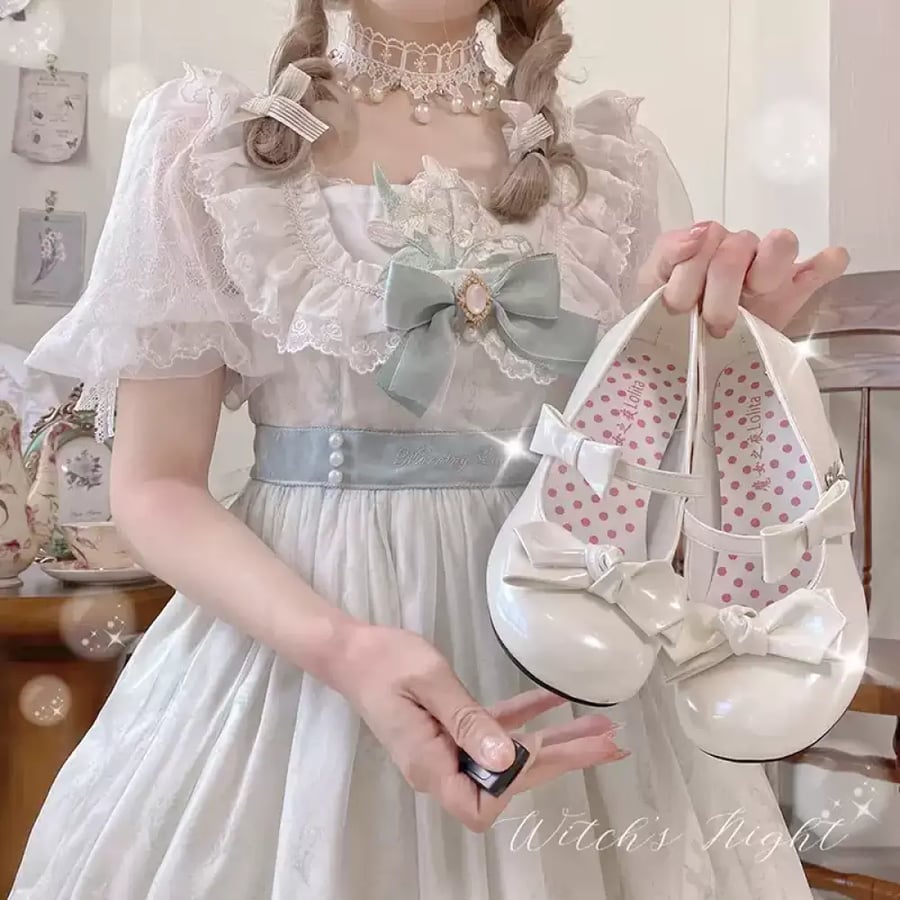 【Witch's Night】 حذاء  بأسلوب Mary Jane و Lolita الياباني الأنيق، حذاء كعب متوسط صيفي برأس مدور وفيونكة ناعمة.