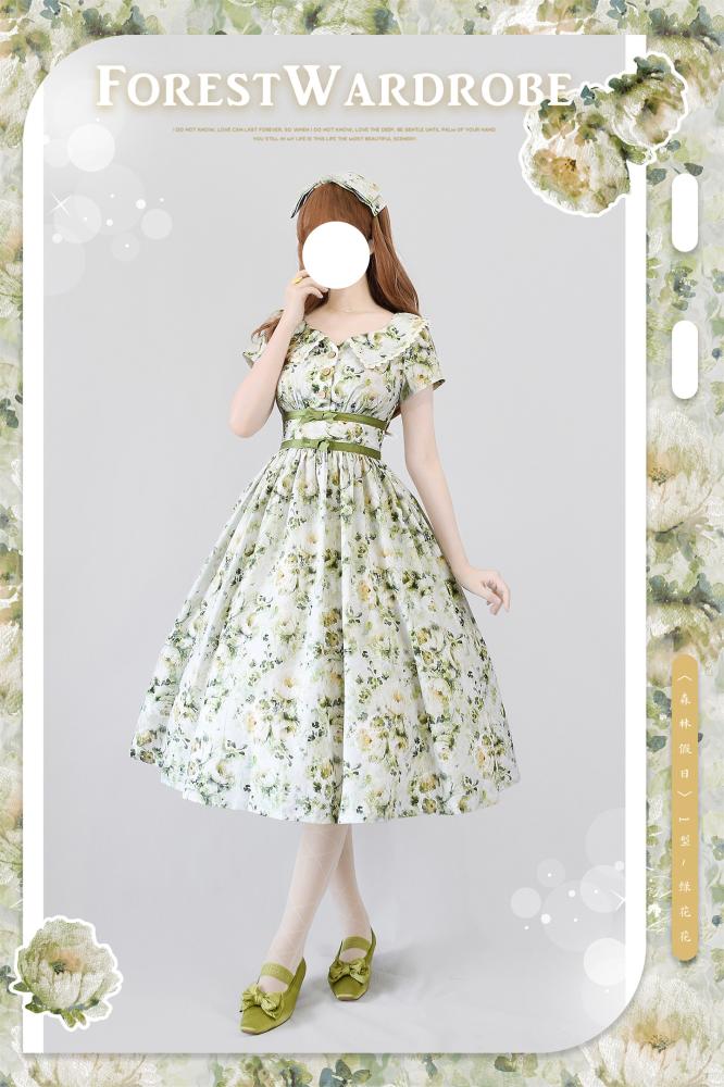 【Forest Wardrobe】فستان لوليتا صيفي قطعة واحدة بتصاميم مطبوعة وأنيقة بأسلوب ريترو كلاسيكي CLA "عطلة في الغابة" من براند خزانة الغابة