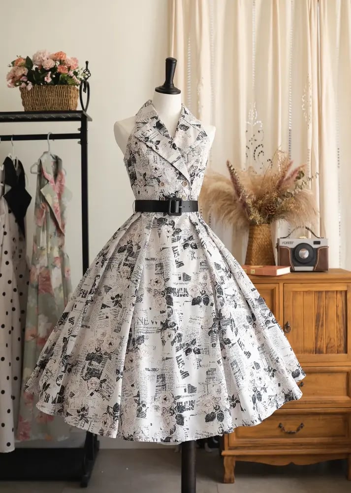 【Forest Wardrobe】فستان صيفي واسع بتصميم فرنسي ريترو بأسلوب هيبورن وياقة بدلة "ظهيرة في الغابة" من براند خزانة الغابة