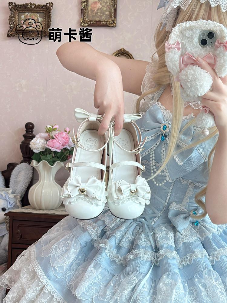 【MoeKa】(عدة الوان) حذاء [Dessert Bear ] بكعب مميز غير تقليدي (Shaped Heel) وكعب سميك مرتفع، حذاء جلدي أسلوب Sweet Lolita و JK.