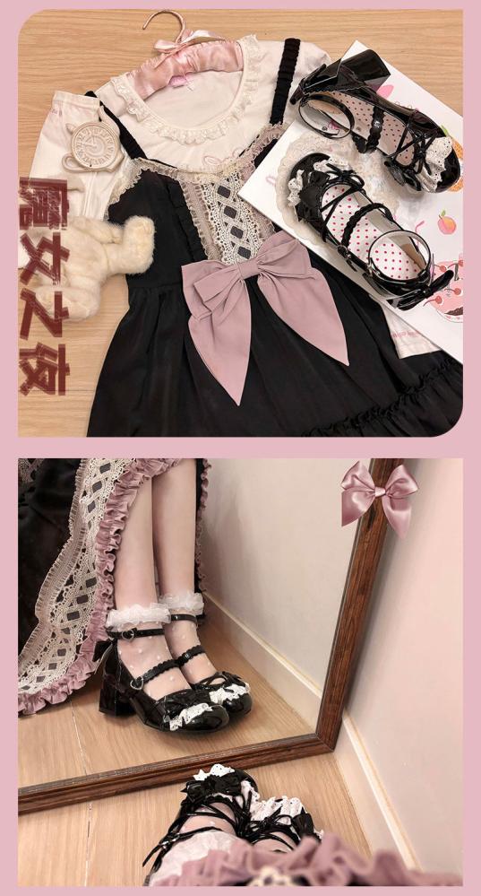 【Witch's Night】 حذاء برأس مدور وكعب متوسط بأسلوب Mary Jane و Lolita الياباني اللطيف.