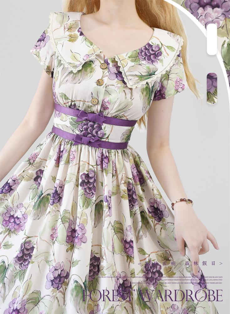 【Forest Wardrobe】فستان لوليتا صيفي قطعة واحدة بتصاميم مطبوعة وأنيقة بأسلوب ريترو كلاسيكي CLA "عطلة في الغابة" من براند خزانة الغابة