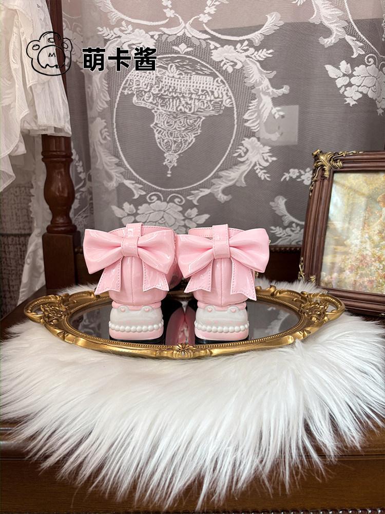 【MoeKa】(عدة الوان) حذاء [Dessert Bear ] بكعب مميز غير تقليدي (Shaped Heel) وكعب سميك مرتفع، حذاء جلدي أسلوب Sweet Lolita و JK.