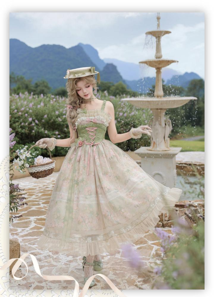 【Chiki】【حديقة الورد / Rose Garden】 فستان JSK طويل بطبعة رسم زيتية أنيقة بأسلوب Classic Lolita (Cla) ومشد كورسيه لنحت الخصر.