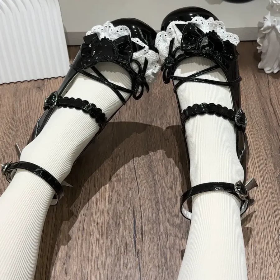 【Witch's Night】 حذاء برأس مدور وكعب متوسط بأسلوب Mary Jane و Lolita الياباني اللطيف.