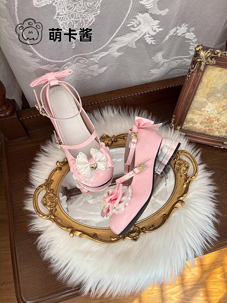【MoeKa】(عدة الوان) حذاء [Dessert Bear ] بكعب مميز غير تقليدي (Shaped Heel) وكعب سميك مرتفع، حذاء جلدي أسلوب Sweet Lolita و JK.