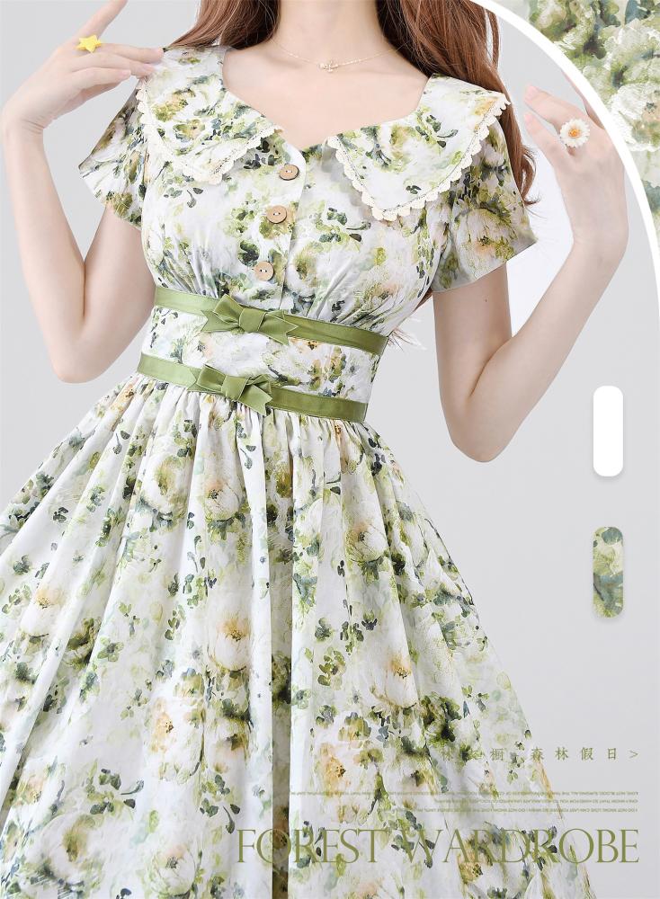 【Forest Wardrobe】فستان لوليتا صيفي قطعة واحدة بتصاميم مطبوعة وأنيقة بأسلوب ريترو كلاسيكي CLA "عطلة في الغابة" من براند خزانة الغابة