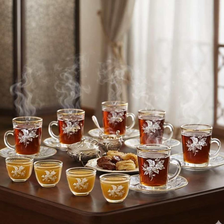 كاسات وبيالات منقوشة فاخرة 18 قطعة