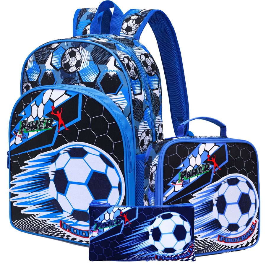 Three-piece school bag set for boys with a football design