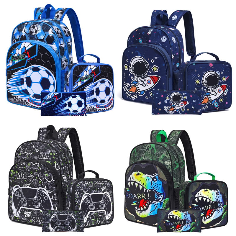 Three-piece school bag set for boys with a football design