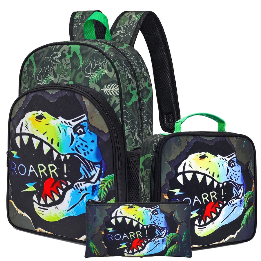Three-piece school bag set for boys with a dinosaur design