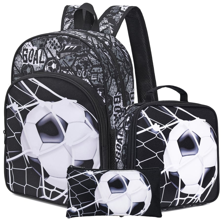 Three-piece school bag set for boys with a football design