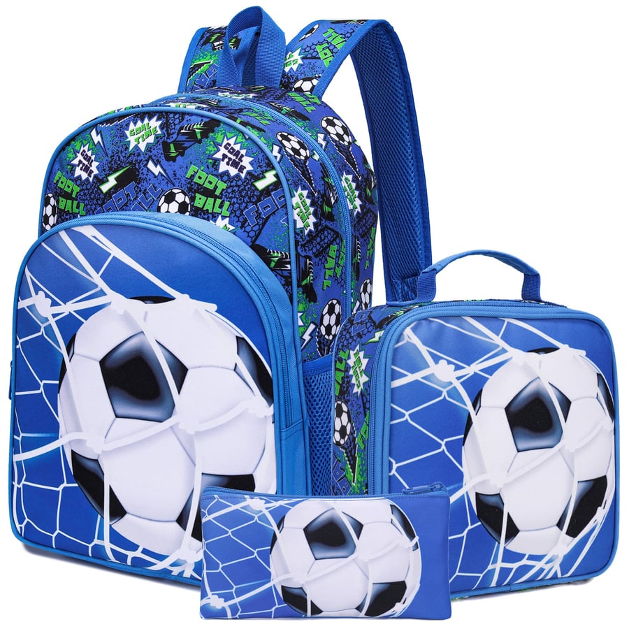 Three-piece school bag set for boys with a football design