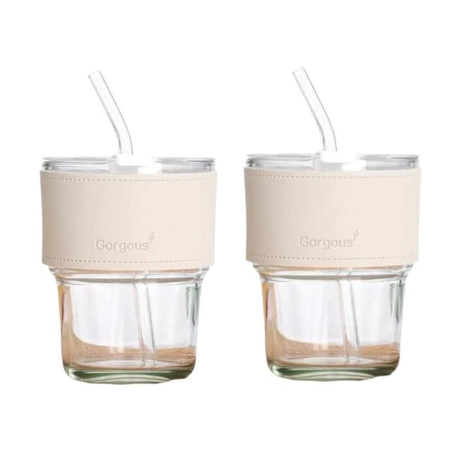 كوب زجاجي بمصاص 350ml تصميم عصري بغطاء جلدي عدد 2