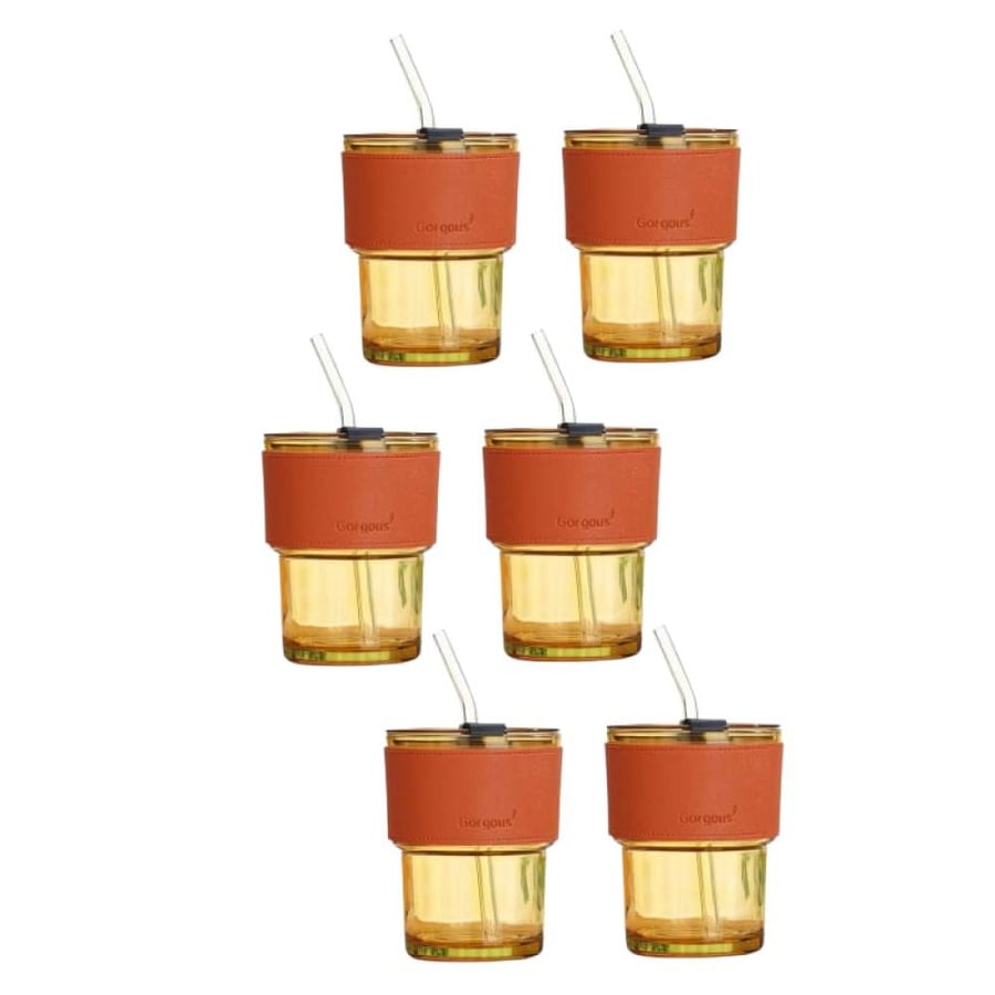 كوب زجاجي بمصاص 350ml  تصميم عصري بغطاء جلدي عدد 6