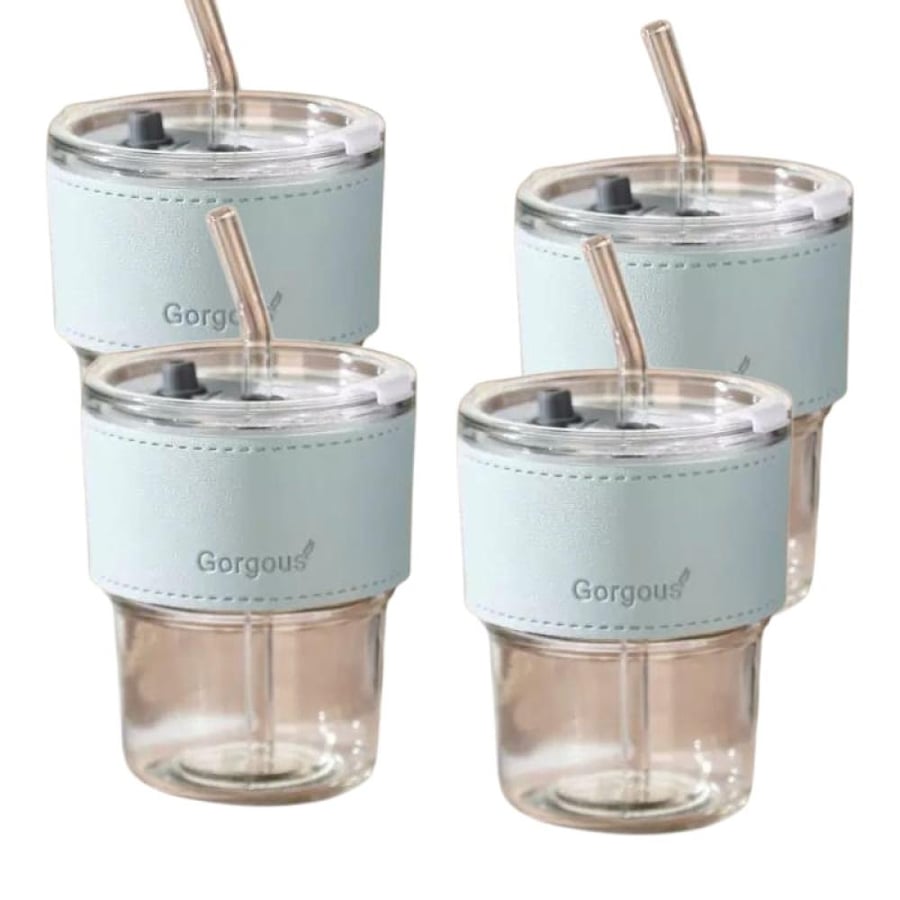 كوب زجاجي بمصاص 350ml تصميم عصري بغطاء جلدي عدد 4