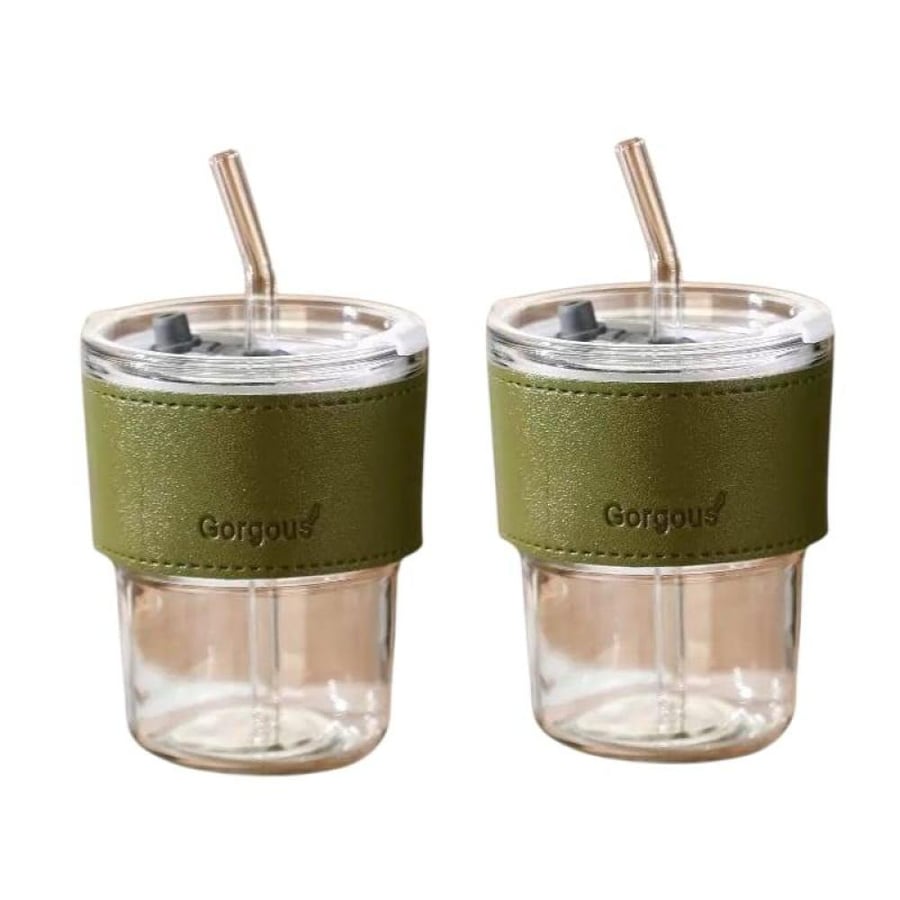 كوب زجاجي بمصاص 350ml  تصميم عصري بغطاء جلدي عدد 2