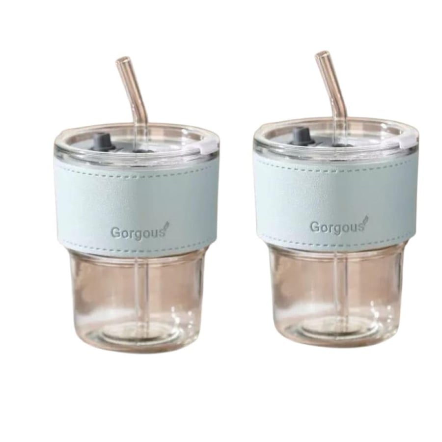 كوب زجاجي بمصاص 350ml تصميم عصري بغطاء جلدي عدد 2