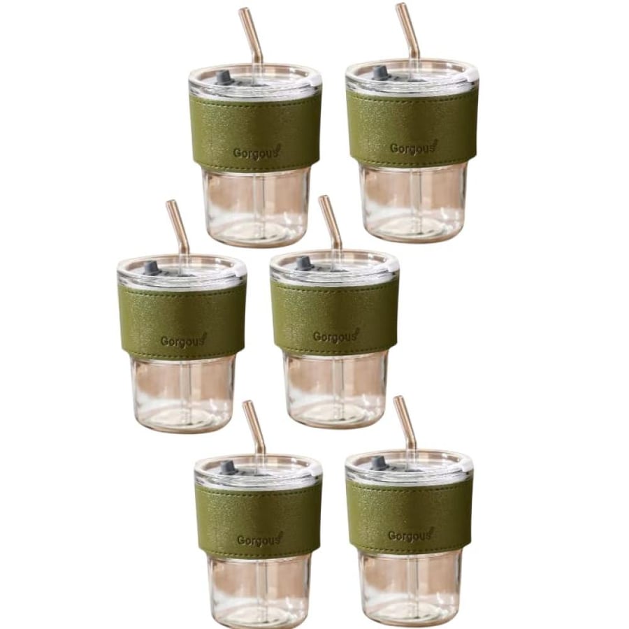 كوب زجاجي بمصاص 350ml  تصميم عصري بغطاء جلدي عدد 6