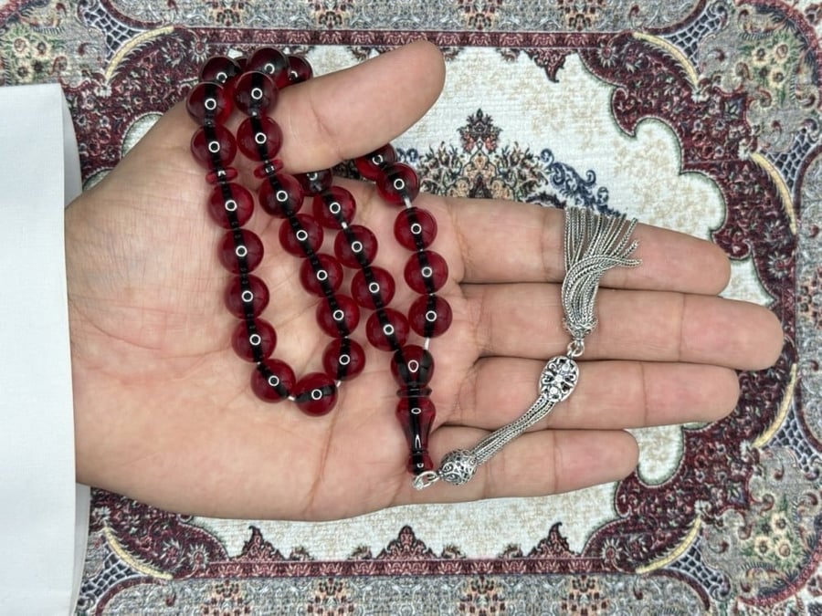 سبحة فاتوران أحمر شفاف فضة حلبية