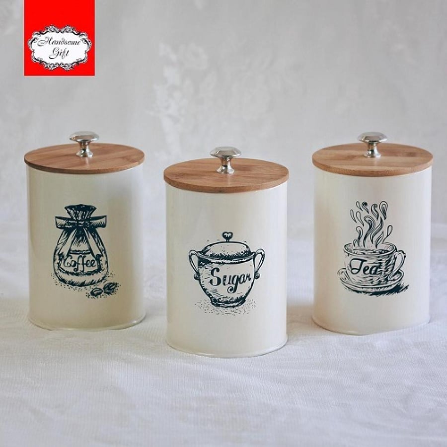 Metal Canister Set of  3 Sugar Coffee Tea with Lids | طقم ثلاث علب معدنية