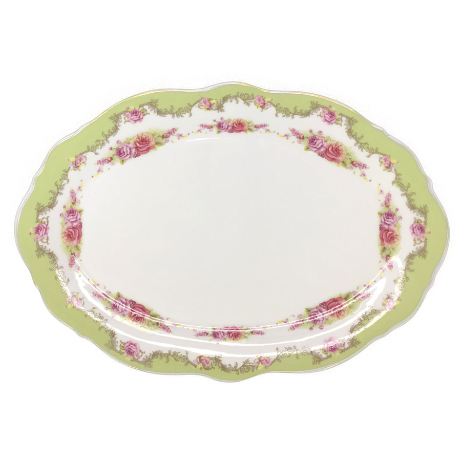 طبق بيضاوي أخضر مفرد مقاس 35 سم حواف مذهبة | Single green oval dish