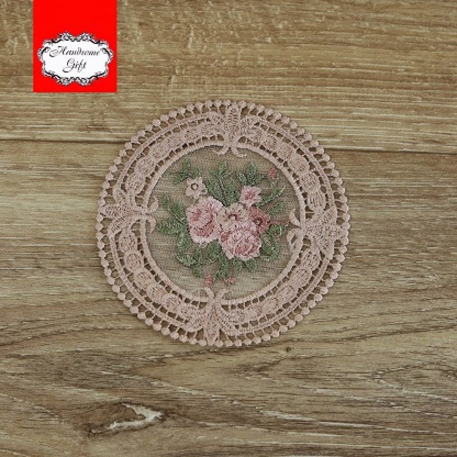 كوستر دائرية قطن دانتيل قاعدة 10 سم مقاس لون وردي | Lace Coster 10 cm pink