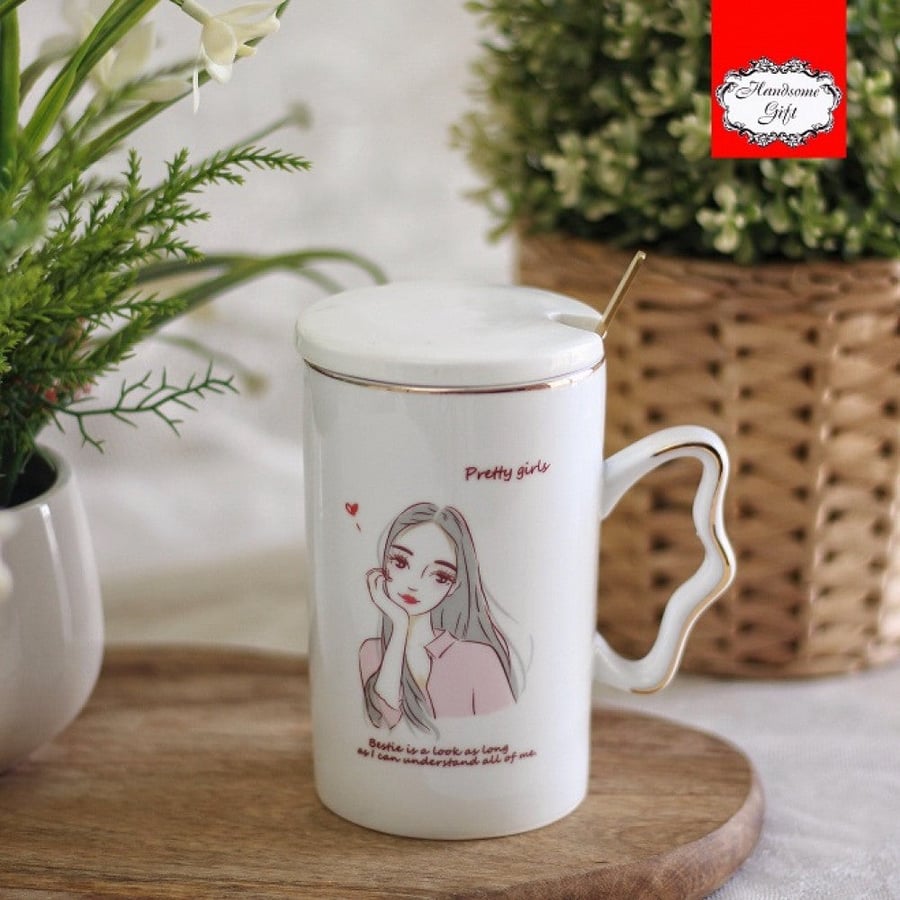 كوب من السيراميك الصيني الفاخر بالغطاء و الملعقة | Single ceramic cup