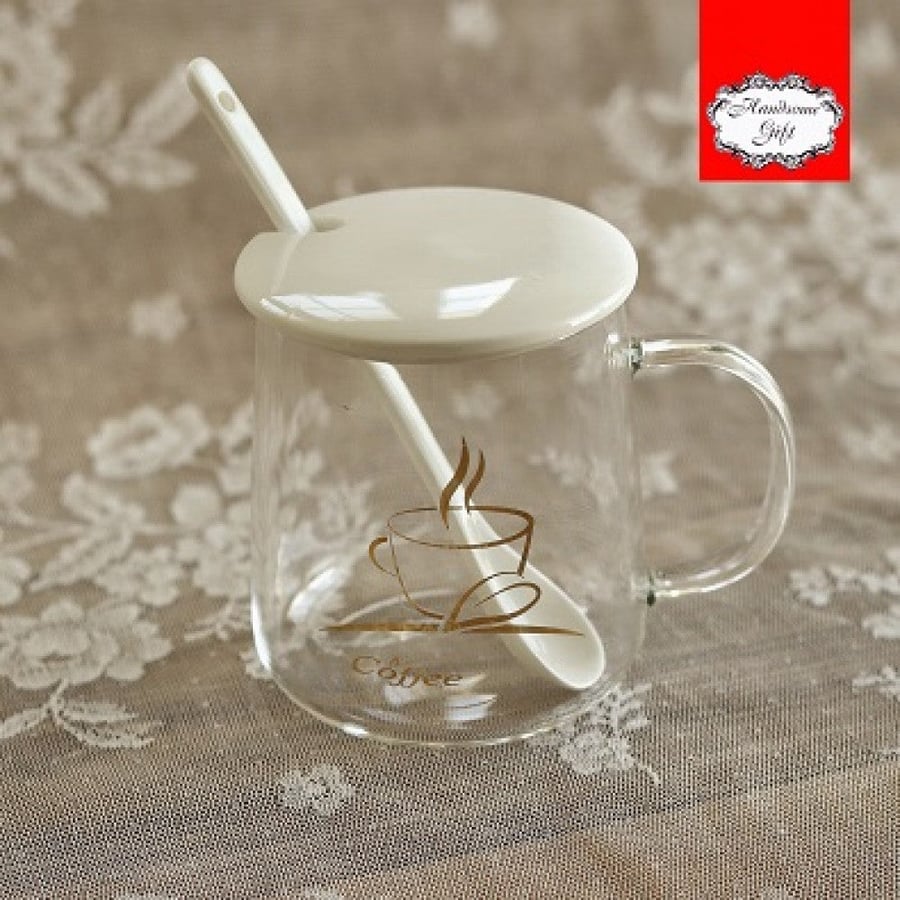 كوب زجاج بالغطاء و الملعقة | Glass cup with lid and spoon
