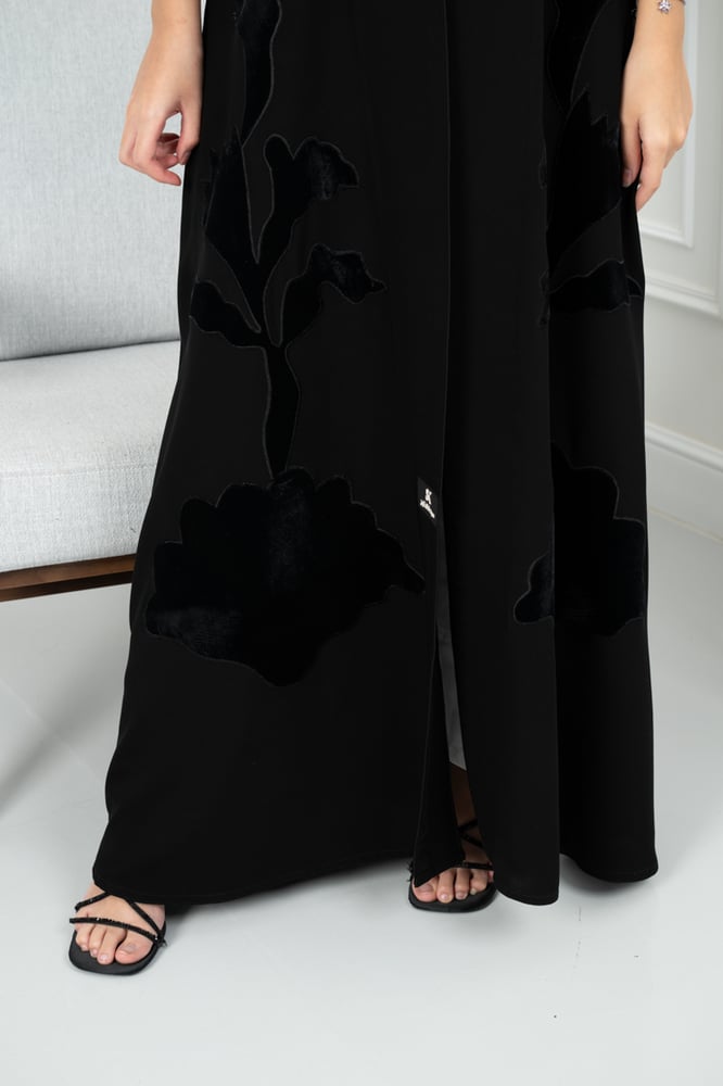 Royal crepe abaya with velvet rose sleeves