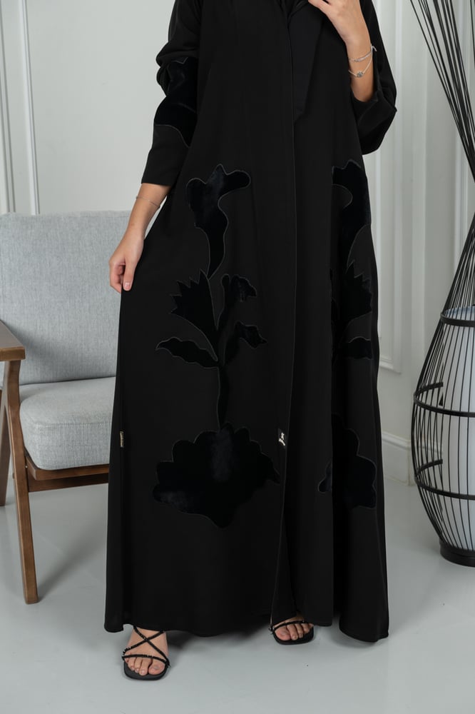 Royal crepe abaya with velvet rose sleeves