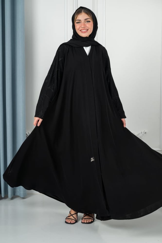 Ceramic abaya in deep black, first grade, with puffed pink sleeves