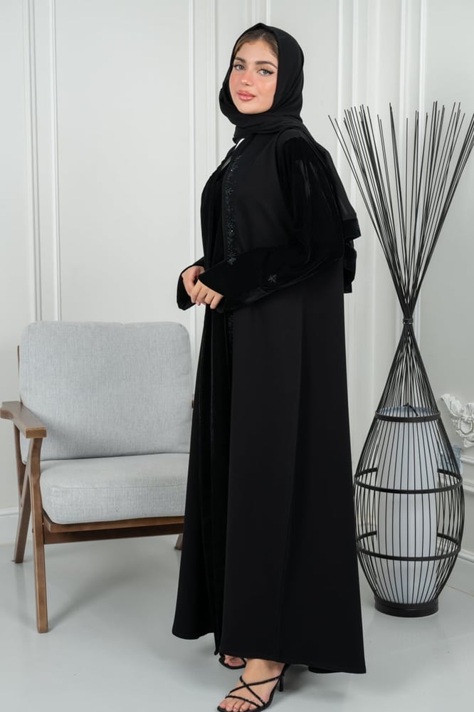Crepe abaya with luxury velvet criteon and hand embroidery on the sleeve edges