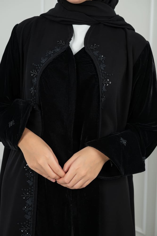 Crepe abaya with luxury velvet criteon and hand embroidery on the sleeve edges