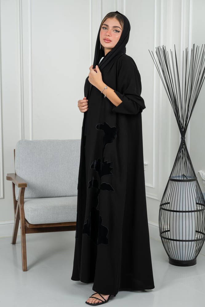 Royal crepe abaya with velvet rose sleeves