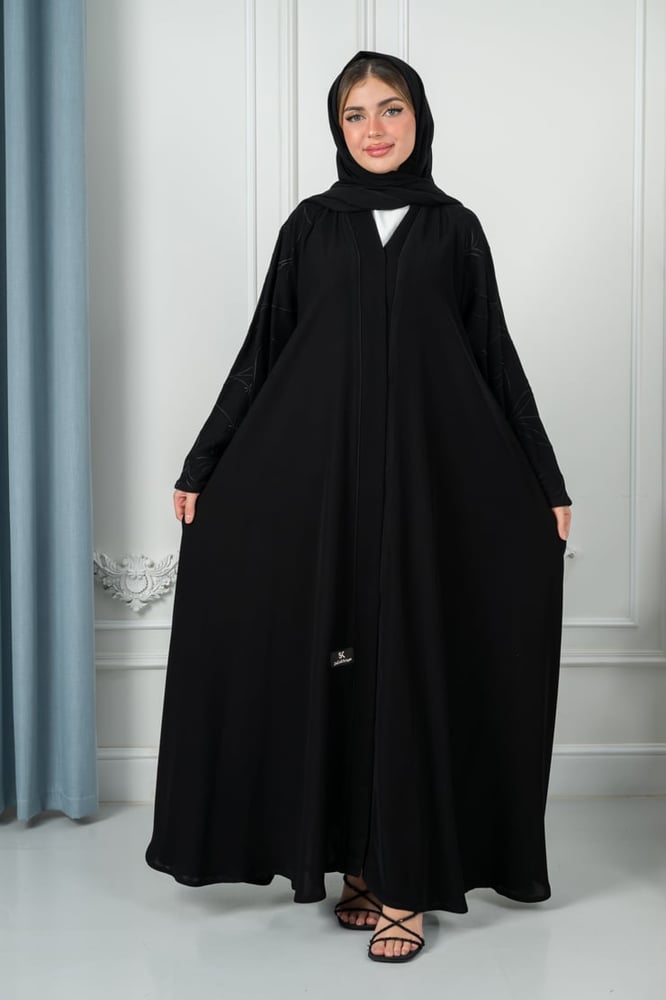 Ceramic abaya in deep black, first grade, with puffed pink sleeves