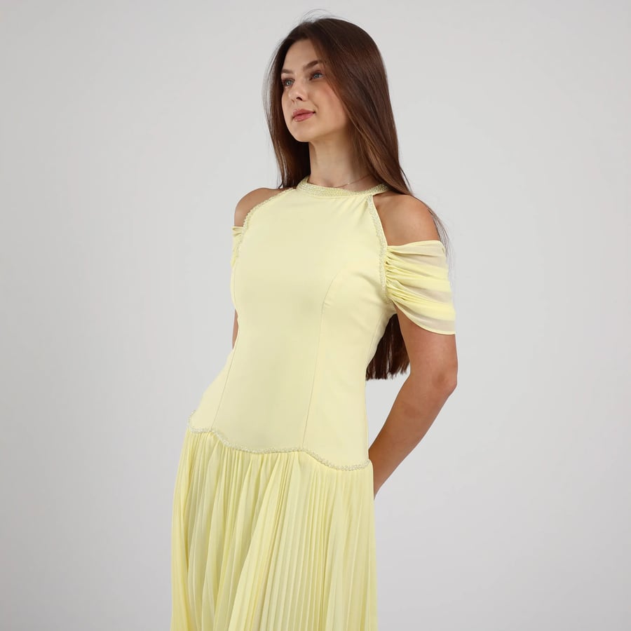 Off-Shoulder Crepe and Pleated Chiffon Evening Dress