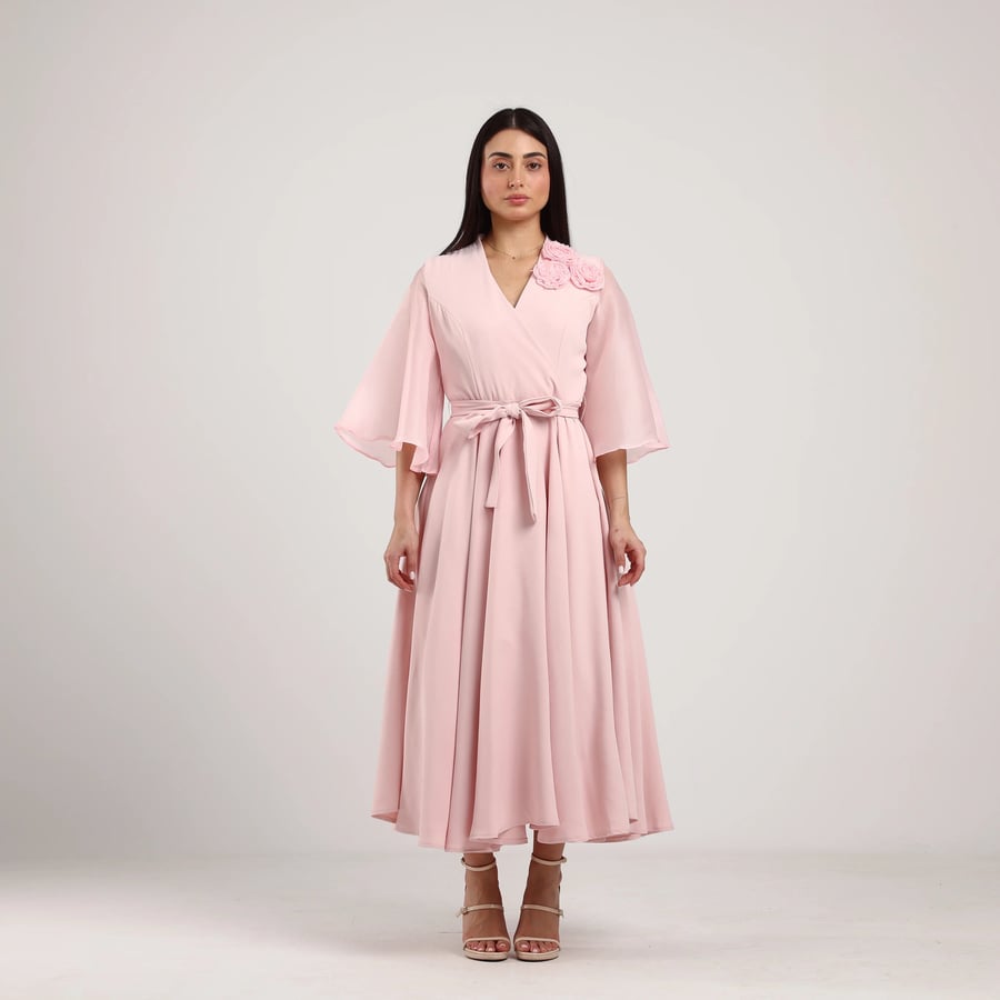 Wrap Crepe Dress with Shoulder Floral Appliqués