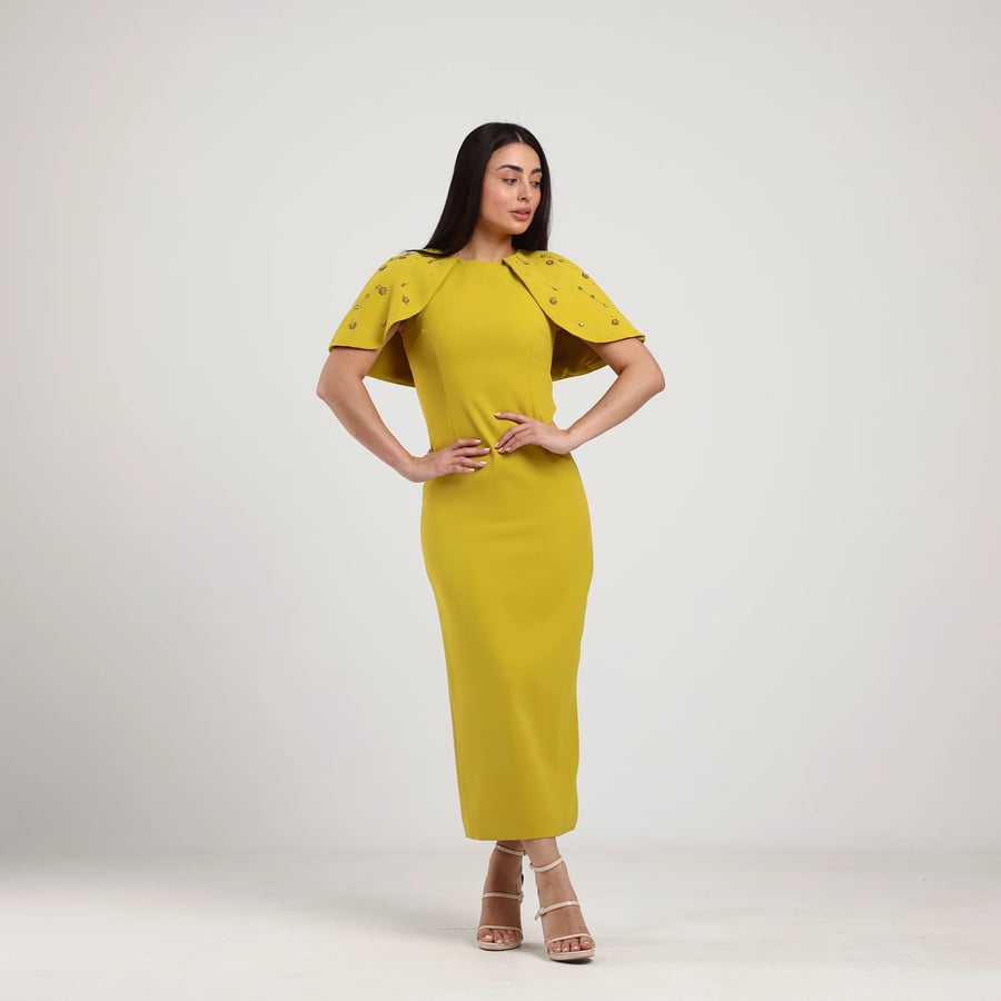 Crepe Midi Dress with Hand-Embroidered Shoulders