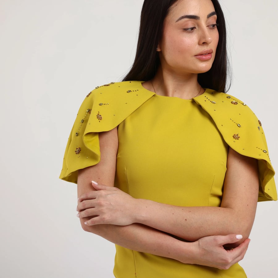 Crepe Midi Dress with Hand-Embroidered Shoulders