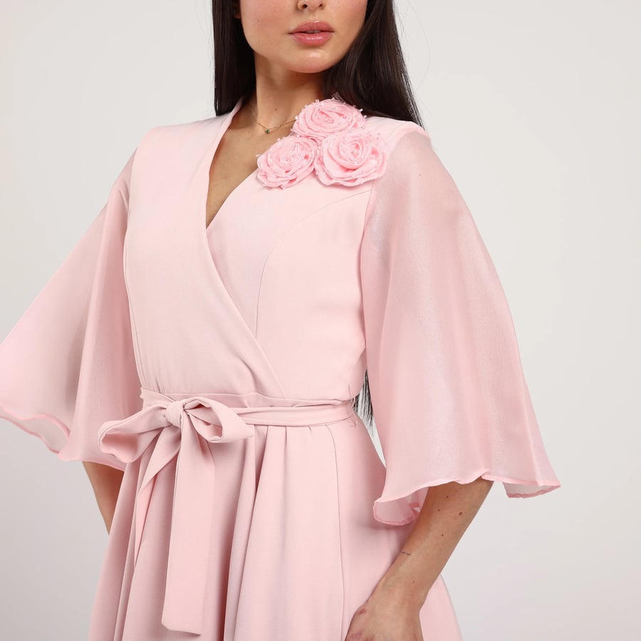 Wrap Crepe Dress with Shoulder Floral Appliqués
