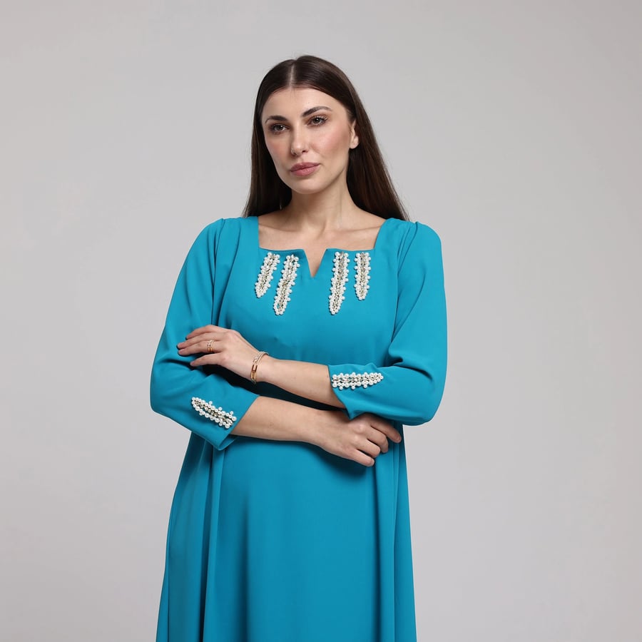 Long Square-Neck Jalabiya with Embroidery