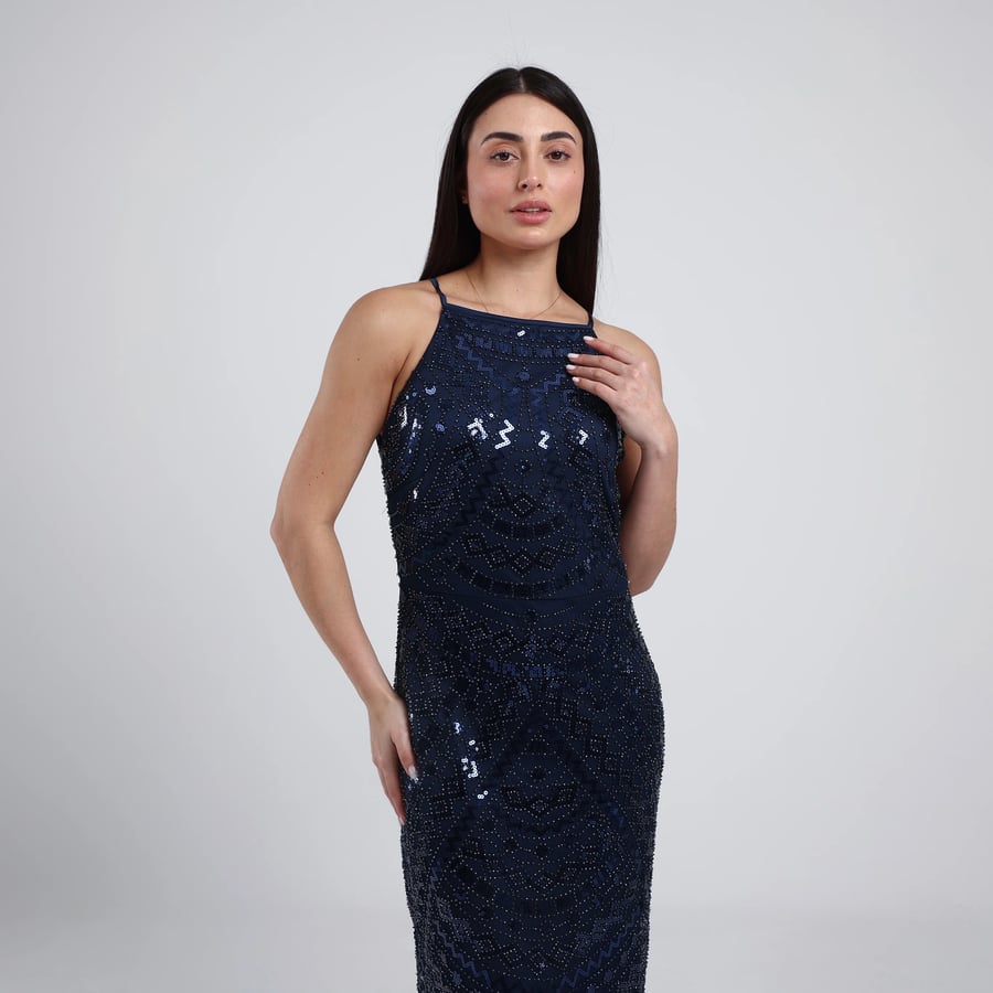Sleeveless Beaded Tulle Evening Dress