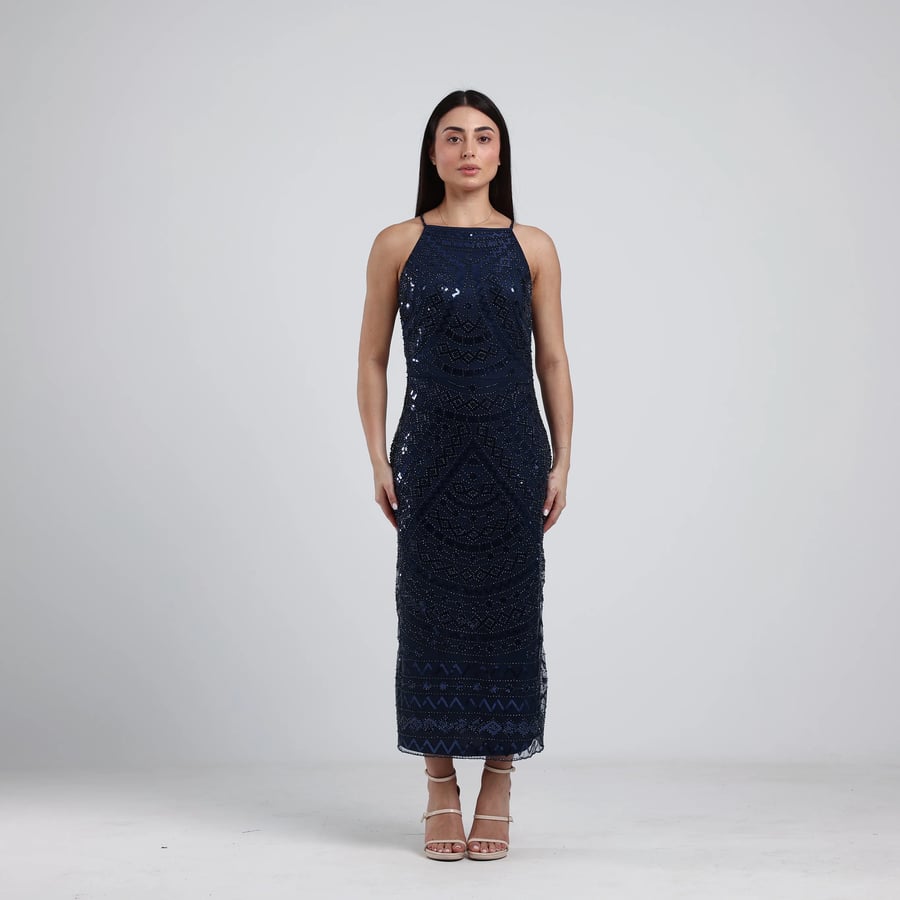 Sleeveless Beaded Tulle Evening Dress