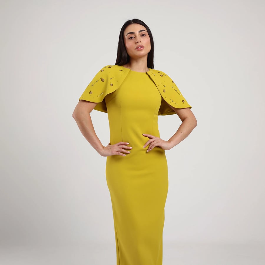 Crepe Midi Dress with Hand-Embroidered Shoulders